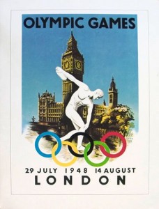 unknown-london-olympics-1948-offset-lithograph Big Ben is featured on this lithograph copy of a poster for the London Olympics, held in 1948.