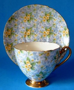 Primrose Chintz Shelley Ripon Cup and Saucer England Shelley teacup and saucer in the Primrose chintz pattern on a Ripon shape.