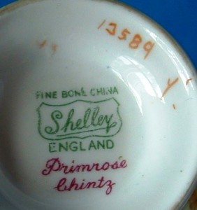Primrose Chintz Shelley Ripon Cup and Saucer England-bottom To bottom has the familiar “Shelley” marking and the pattern number 13589.