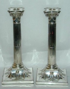 sheffield-plated-corinthian-column-candlesticks Sheffield plate Corinthian column candlesticks, made by Hawksworth & Eyre, Sheffield, England, circa 1870's. This is an example of electroplate.