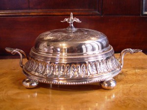 silverplated-butter-dish Elegant Opaline glass & silverplated butter keeper, circa 1870, in Classical Taste by Joseph Rogers of Sheffield, England.