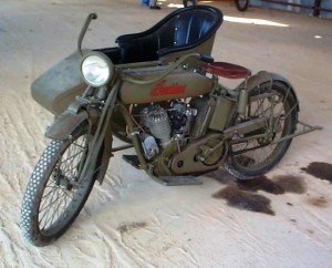 1917-indian-motorcycle The Pioneer Flight Museum has a 1917 Indian motorcycle, VIN 73J740, with a sidecar. It was restored in the mid-1990s by Bill Wiseman of LaVernia, Texas, and is painted in a period military scheme. This bike is in running condition, and in fact is fast enough to be scary!