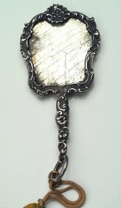 800 Silver ChatelainePurse Mirror 19th C This beautiful châtelaine mirror with the original beveled glass.