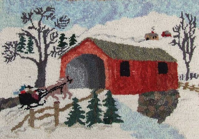 Vintage Hooked Rug Christmas1951 Pearl M McGown A vintage hooked rug made by Pearl McGown depicting a New England scene of snow covered landscape with a horse pulled sleigh approaching a red covered bridge, made of wool on a burlap base. The inscription on the burlap reads: “May the simple joys of life be yours this Christmas – 1951- Pearl M McGown F25.”