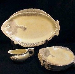 burleigh-ware-fish-shaped-luncheon-set An English wartime ceramic fish platter, luncheon plates and a sauce boat, produced by Burgess & Leigh Ltd., Burslem, England.