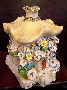 pastille-burner-v A 19th-century finely molded English Staffordshire cottage pastille burner with shaped roof, circa 1850.