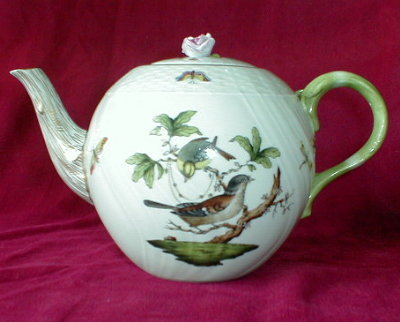 HEREND Rothschild Bird TEAPOT Large -HUNGARY-1 A Herend Rothschild large bird teapot, featuring two different bird motifs (there are 12 Rothschild Oiseaux motifs) and scattered butterflies, circa 1915-1930.