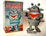 Revolving Robot Toy - Litho A tin lithographed and plastic wind-up robot in original box, he walks, his upper body rotates a full 360 degrees, as he destroys Tokyo. This is an example of wind-up toys from the mid to late 1960s. Made by MTU, Korea.
