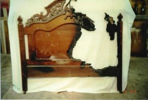 fire-damaged-bed A fire-damaged walnut headboard.