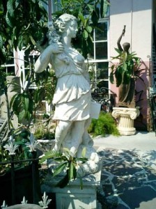 diana-the-huntress-statue A 19th-century cast stone statue of Diana the huntress, virgin goddess of the hunt, atop a cast stone pedestal. While statuary can add to the beauty of your garden for most of the year, outdoor art should be brought inside during winter months if possible.