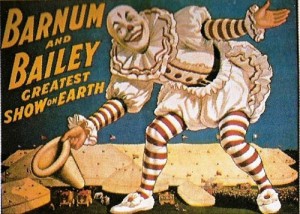 p-5-and-p-125a 1917 – Barnum & Bailey; Clown Standing over Tents – Blue Background