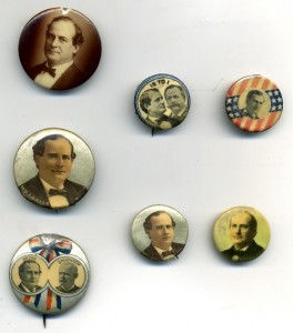 damaged-bryan-buttons001-jo Group of seven William Jennings Bryan buttons from 1896 and 1900 with various condition problems including chips, foxing, celluloid separations, and dents. Some of the problems are more noticeable than others. The damage on each one greatly reduced its monetary value but not its historical or educational value.