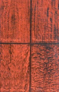 mahogany-association Mahogany Association – Before it ceased activity in 1969, the Mahogany Association issued a series of plates showing the grain pattern of various cuts of mahogany veneer. Shown here are some rare examples. From top left to bottom right they are fiddle back, mottle and fiddle back, plum pudding and blister.