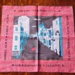 nyc-tkhkygrnny6 This is another handkerchief from Keefe's New York series, this one showing a street scene in Greenwich Village.