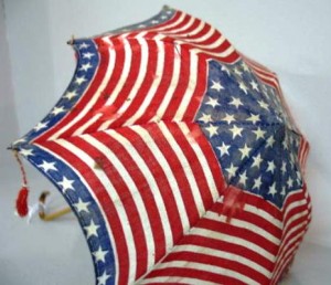 small-stars-and-stripes-umbrella This small umbrella was probably a political campaign souvenir. Red, white and blue stripes and stars with beaded tassels and a bamboo shaft. It sold at auction in 2005 for $381.88.