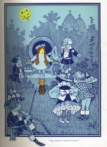 oz Illustration opposite page 34 for the first edition of The Wonderful Wizard of Oz, 1900. The two dark blue dots on the moon are one indication of the first state of this book. The dots were removed in the second state.