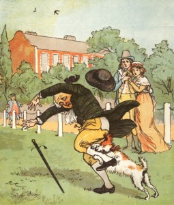 cald18 Color woodcut by Randolph Caldecott for “Elegy on a Mad Dog,” 1879. Color woodcut illustrations were made by using a different block of wood for each color. The color had to be perfect since multiple passes were made through the presses for each illustration. Therefore, the detail in the illustrations had to be much simpler.