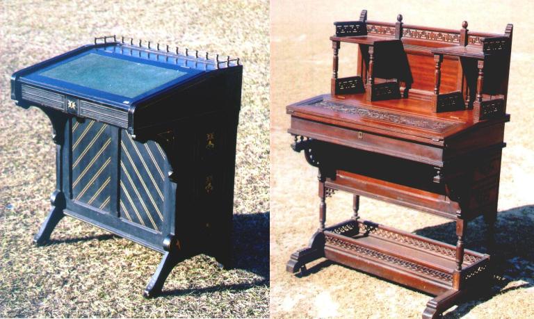deskcomp The desk on the left illustrates the Oriental approach. It is ebonized with gold incising. The desk on the right, in a wood finish, is the Moorish approach to the style with geometric fretwork. Both desks are based on Eastlake’s design principles.