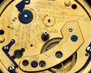 lincolns-watch-ii Jonathan Dillon, working for a watchmaker, was repairing Lincoln’s watch when word reached Washington about the beginning of the Civil War. Dillon inscribed on an interior plate “April 13 - 1861,” and “Fort Sumpter (sic) was attacked by the rebels on the above date.” Another part reads, “Thank God we have a government.”