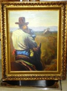timons-rider This oil painting of a rancher and child on horseback sold for $ 150. (Source: Proxibid, Worthopedia Price Guide)