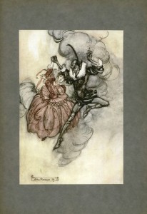 tip Dancing with the devil. A tipped in color plate by Arthur Rackham for The Ingoldsby Legends, 1920. The illustration is lightly affixed to the background cardstock at the very top edge. The cardstock itself is glued into the book along its inner left edge. This book also contains tissue guards that protect each illustration.