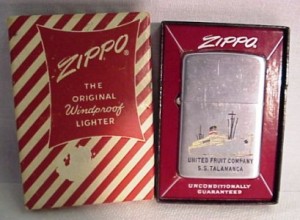 zippo-ss-talamanca Zippo United Fruit Co SS Talamanca Ship Lighter. This lighter is in very good condition, with only minimal scratching. This item comes with it's original box, which is in good condition also. The box does have some wear, including very slight soiling and edge wear, and a tear in the paper as you can see from our photos. This item is marked Patent # 2032695, indicating that it dates pre-1950s.