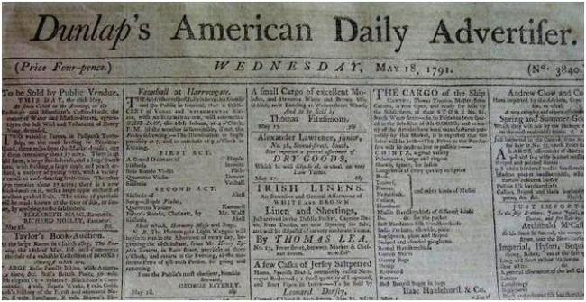 1791-newspaper Dunlap's American Daily Advertiser May 18, 1791