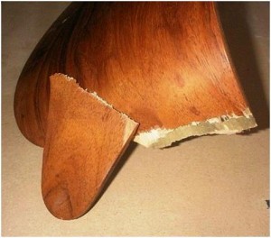 eames-repair-iii If one side of the lower seat back fails, and the other side remained attached, the weight of the person sitting in the chair can cause it to break the lower wood shell into two pieces.