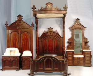 half-tester-bed A five-piece rosewood Victorian bedroom suite with half tester bed, signed Mitchells & Rammelsberg.