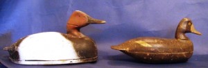 michandnjdecoys The decoy on the left is a Michigan canvasback drake (maker unknown), and the one on the right is a female bluebill by H.V. Shourds of New Jersey. Even considering the species difference, the shape difference between the two is impossible to miss. Value on the Shourds is $600, considering crazing of the paint, while value on the canvasback is $125.