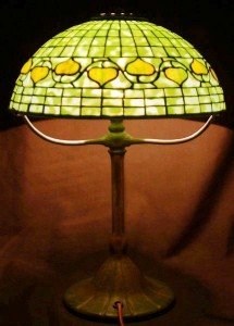 tiffany-studios-acorn-pattern A Tiffany Studios acorn pattern fractured glass lamp.