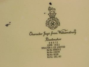 toby-bootmaker-info The Royal Doulton hallmarks and production information for the bootmaker mug.