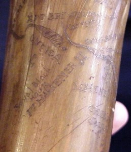 7-8-71g This is a close up of a map horn carved into a Civil War-era powder horn showing a river course with towns and forts.