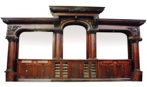 brunswick-bar Monumental Brunswick “Del Monte” front and back bar, with columns and mirrors (circa 1900).