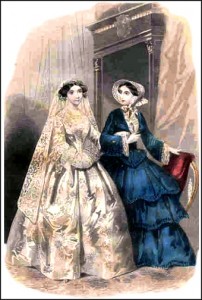 dress1 1850s dress with flounces, wide sleeves, lace under-trim and full bonnet. “Peterson’s” Magazine, 1851.