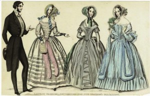 dress3 1840s fashion with side ringlets, full bonnets, bare shoulders, tight forearm sleeves and long pointed bodices. “Graham’s Magazine,” 1841