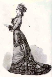 dress4 1870s dress with low bustle, train, elaborate trim and a side-less bonnet set on the back of the head.