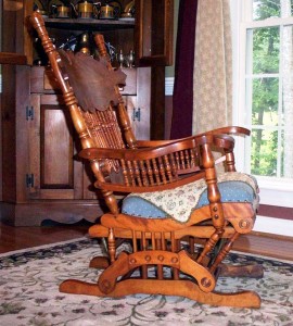 lownetraut2 A Lowentraut rocker, featuring a springless rocker mechanism designed by George F. Hall. This kind of rocker produced a flatter arc and was ideal for nursing and general recuperation, as well as being plain old comfortable in its motion.