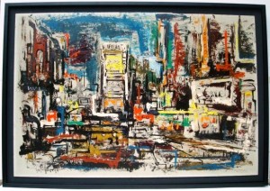 george-schwacha-painting This large Modernist oil of “Times Square in New York City” was painted by George Schwacha in 1960, which puts it right on the edge of the time frame where the prices for these kinds of contemporary pieces can tumble.