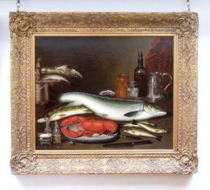 painting A Still Life of Fish and Lobster,” by Alexander Dalziel (1781-1832), oil on canvas. The painting is signed and dated 1827.