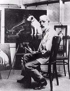 barraud-painting-nipper-copy Francis Barraud with one of 24 copied he made of his original painting “Dog Looking at and Listening to a Phonograph.”