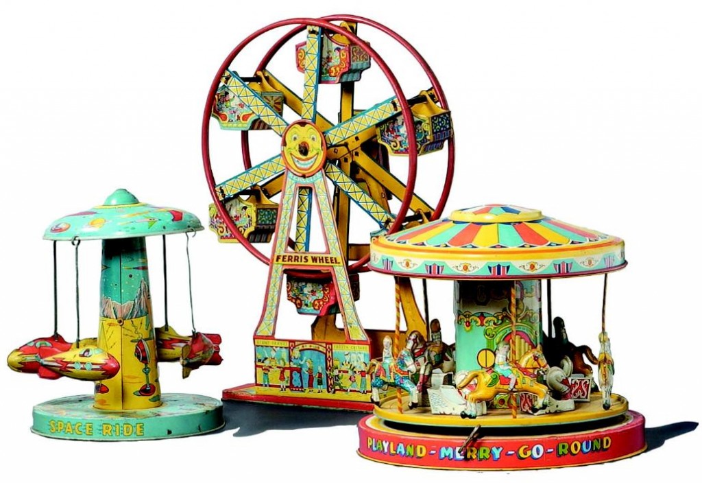 ferris-wheel-carousel-space-ride Bidder interest will be keen for the group of Chein toys--a 17-inch Hercules Ferris Wheel (circa 1950s), a Playland Merry-Go-Round carousel with children seated atop horses and swan coaches, and a very rare Aeroplane Whirler Space Ride (circa 1960s)--at a single-owener auction hosted by Clarity Sells Auction Gallery on Aug. 15, 2009