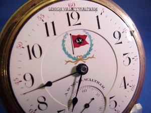 lehighvalleyrr5 A Waltham watch made for the Lehigh Valley Railroad with the railraod company logo.