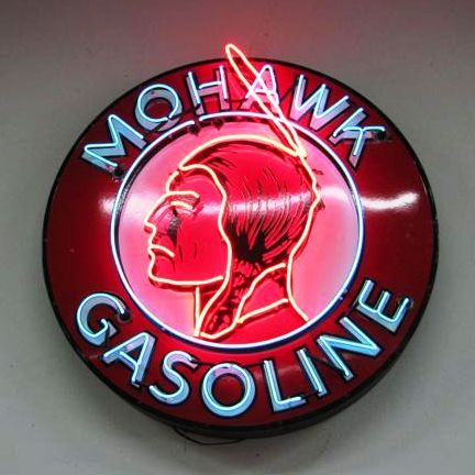 mohawk-sign The top lot at an August Petroliana & Gas Station Collectibles Auction was this Mohawk Gasoline single-sided porcelain neon sign, which soared to $30,250.