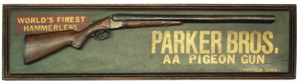 parker-bros-sign This Parker Brothers AA Pigeon Gun sign brought in an auction-record $7,543.