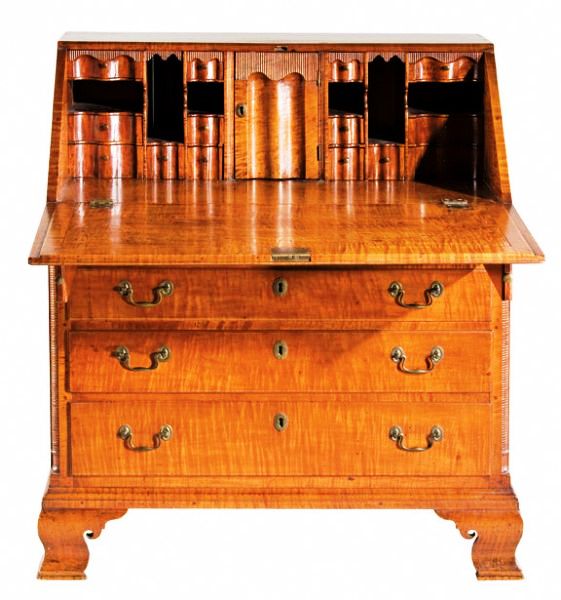 Chippendale This late-18th-century Pennsylvania Chippendale tiger maple desk garnered $41,400, making it the top lot at the multi-estate Historic Hillsborough Auction held Sept. 19.