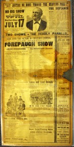 forepaugh-rat-sheet-b One section of the Forepaugh Herald lists the inventory of the small Doris Circus, which includes “2 small elephants, 2 weather-beaten camels and NO hippopotamus, NO rhinoceros, NO herd of elephants.” Value is $50-$75.