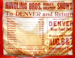 ringling-excursion-herald-cu A close-up of a 1900 Ringling Bros. World’s Greatest Shows herald from Denver, Co., showing the railroad ticket rates from outlying towns.