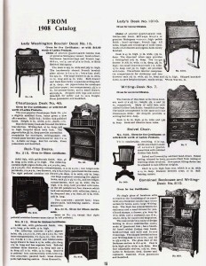 Larkin page 15 This scan of page 15 from the Larkin Oak catalog of 1908 shows some of the other desks offered by Larkin, including the Chautauqua, three other drop fronts, two roll tops and a side-by-side. The current catalog is published by Walter Ayars of Echo Publishing in Summerdale, PA.