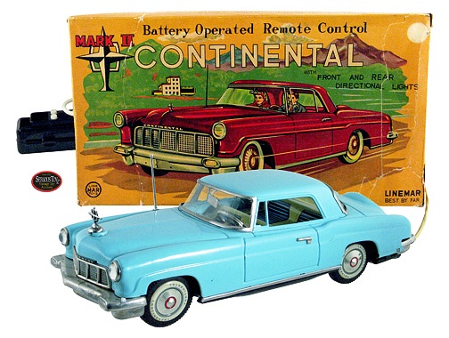 Mark II Continental This Linemar tin battery-operated remote-control 1956 Mark II Continental car—in the box—is “is one of the rarest tin cars in the world,” sayd Serious Toyz owner Tom Miano.